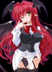 Rule 34 | 1girl, bat wings, black panties, black thighhighs, blush, breasts, covered erect nipples, demon girl, embodiment of scarlet devil, female focus, garter belt, head wings, impossible clothes, impossible shirt, koakuma, lace, lace-trimmed legwear, lace panties, lace trim, large breasts, lingerie, long hair, one eye closed, panties, pointy ears, red hair, see-through, shirt, simple background, solo, thigh gap, thighhighs, thighs, touhou, underwear, very long hair, wings, wink, yamu (reverse noise), yellow eyes