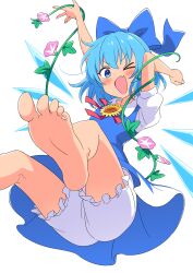 Rule 34 | 1girl, barefoot, blue bow, blue dress, blue eyes, blue hair, bow, cirno, commission, dark-skinned female, dark skin, dress, flower, frilled shorts, frills, hair bow, hidden star in four seasons, highres, ice, ice wings, kamuraaa 615, looking at viewer, one eye closed, open mouth, plant, puffy short sleeves, puffy sleeves, short hair, short sleeves, shorts, simple background, skeb commission, smile, solo, tanned cirno, touhou, vines, white background, white shorts, wings