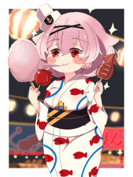Rule 34 | 1girl, animal print, aylwin (azur lane), azur lane, blush stickers, breasts, candy apple, commentary request, cotton candy, eating, evening, fish print, food, fried squid, hair between eyes, hairband, hat, highres, holding, holding food, horoyuki (gumizoku), japanese clothes, kimono, lantern, long sleeves, medium breasts, medium hair, obi, outdoors, paper lantern, pink hair, plump, red eyes, sailor hat, sash, sidelocks, solo, squid, summer festival, wide sleeves, yukata