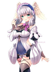 Rule 34 | 1girl, :d, artist name, bare shoulders, blush, breasts, curly hair, green eyes, grey thighhighs, hairband, head wings, highres, large breasts, melia antiqua, nintendo, o-ring, open mouth, pink ribbon, planifolia 666, ribbon, silver hair, simple background, smile, solo, thighhighs, white background, wings, xenoblade chronicles: future connected, xenoblade chronicles (series), xenoblade chronicles 1