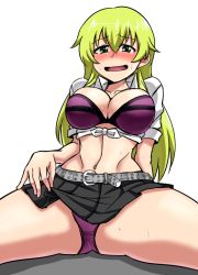Rule 34 | 1girl, belt, bikini, blonde hair, blush, breasts, carpaccio (girls und panzer), clothes lift, girls und panzer, large breasts, lifted by self, long hair, looking at viewer, mimuni362, navel, open clothes, open mouth, open shirt, shirt, skirt, skirt lift, solo, spread legs, sweat, swimsuit, tied shirt, white background
