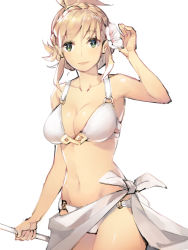 Rule 34 | 1girl, bikini, blonde hair, blush, braid, breasts, cleavage, fire emblem, fire emblem heroes, flower, ge-b, green eyes, hair flower, hair ornament, hair up, hibiscus, large breasts, long hair, looking at viewer, navel, nintendo, open mouth, sarong, sharena (fire emblem), simple background, sketch, smile, solo, swimsuit, white background, white bikini