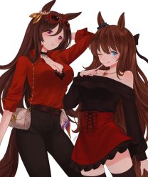 Rule 34 | 2girls, alternate costume, animal ears, arm at side, arm up, bag, bare shoulders, belt, black pants, black shirt, black thighhighs, blue eyes, blush, bow, breasts, choker, cleavage, closed mouth, cowboy shot, ear bow, eyewear on head, hair between eyes, hand up, handbag, highres, horse ears, horse girl, horse tail, index finger raised, jewelry, korean commentary, large breasts, licking lips, long hair, long sleeves, looking at viewer, maruzensky (umamusume), multiple girls, necklace, off-shoulder shirt, off shoulder, one eye closed, open mouth, pants, popped collar, purple eyes, red shirt, red skirt, rio (rio 067), seeking the pearl (umamusume), shirt, shoulder bag, skirt, sunglasses, tail, thighhighs, tongue, tongue out, twitter username, umamusume, white background