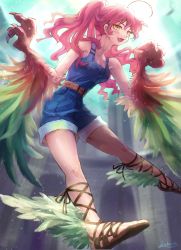 Rule 34 | 1girl, ahoge, belt, blue overalls, brown belt, brown footwear, claws, colosseum, commentary request, cross-laced footwear, cross-laced sandals, denim, fantasy, feathered wings, feathers, flying, foot wings, gladiator sandals, green feathers, green wings, hair between eyes, highres, kobarin, long hair, midair, naked overalls, open mouth, original, overall shorts, overalls, personification, pink hair, ponytail, red feathers, red wings, sandals, shoe soles, solo, talons, winged arms, wings, yellow eyes