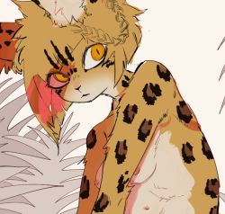 Rule 34 | 1girl, animal ear fluff, blonde hair, body fur, braid, breasts, brown eyes, extra breasts, female focus, furry, furry female, nipples, original, parted lips, partially colored, sasamino, slit pupils, small breasts, solo, upper body