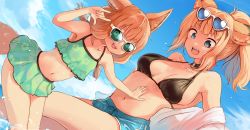 Rule 34 | 2girls, :d, animal ear fluff, animal ears, arm up, bare shoulders, batta (kanzume quality), bikini, black bikini, blue eyes, blue shorts, blue sky, breasts, cloud, cloudy sky, collarbone, commentary request, day, dutch angle, fangs, feet out of frame, flat chest, fox ears, fox girl, fox shadow puppet, fox tail, green bikini, halterneck, hand on another&#039;s stomach, heart, heart-shaped eyewear, highres, large breasts, long hair, looking at viewer, multiple girls, navel, open clothes, open mouth, open shirt, orange hair, original, partially undressed, ponytail, shirt, shorts, sidelocks, sky, smile, swimsuit, tail, thick eyebrows, tinted eyewear, v-shaped eyebrows, water, white-framed eyewear, white shirt