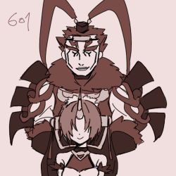Rule 34 | 10s, 1boy, 1girl, armor, bare shoulders, breasts, dress, closed eyes, fate/apocrypha, fate/extra, fate/grand order, fate (series), frankenstein&#039;s monster (fate), gloves, hair ornament, hair over eyes, hat, horns, lowres, lu bu (fate), monochrome, short hair, smile, veil
