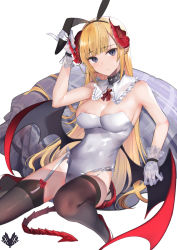 Rule 34 | 1girl, animal ears, arm up, armpits, banned artist, bare arms, bare shoulders, black thighhighs, blonde hair, blue eyes, breasts, check copyright, cleavage, closed mouth, collar, copyright request, demon girl, demon horns, demon tail, demon wings, detached collar, earrings, fake animal ears, frills, garter straps, gloves, hairband, highres, horns, jewelry, large breasts, leotard, long hair, looking at viewer, original, pinky out, playboy bunny, pointy ears, rabbit ears, sidelocks, sitting, solo, strapless, strapless leotard, tail, tetsubuta, thighhighs, very long hair, white gloves, white leotard, wings