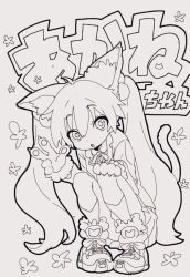Rule 34 | 3yo4yo5yo, :o, animal ears, animal hands, cat ears, cat girl, cat paws, cat tail, commentary request, grey background, greyscale, hair between eyes, hair bobbles, hair ornament, hand on own knee, highres, lineart, long hair, looking at viewer, monochrome, neck ribbon, open mouth, original, outline, pleated skirt, raised eyebrows, ribbon, shirt, shoes, simple background, skirt, sneakers, socks, squatting, tail, translation request, twintails, v