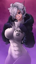 Rule 34 | 1girl, absurdres, adjusting clothes, ass, bodysuit, breasts, breath, cameltoe, covered navel, curvy, eyelashes, gloves, gradient background, grin, hair over one eye, highres, jacket, large breasts, looking at viewer, one piece, open mouth, plague of gripes, shiny clothes, short hair, simple background, skin tight, smile, solo, thick thighs, thighs, vegapunk lilith, wide hips