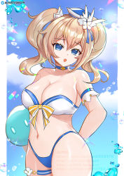 Rule 34 | 1girl, artist name, barbara (genshin impact), barbara (summertime sparkle) (genshin impact), blue choker, blue eyes, bow, breasts, bubble, choker, cloud, fanbox username, genshin impact, gumroad username, hair ornament, hat, large breasts, looking at viewer, navel, official alternate costume, pixiv username, rayka, slime (genshin impact), solo, swimsuit, twintails, twitter logo, twitter username, watermark, web address