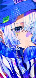 Rule 34 | 1girl, bandaid, bandaid on face, bandaid on nose, blue eyes, blue hair, blue hat, blue theme, bucket hat, colorful, hand on own face, hat, highres, long sleeves, mika pikazo, original, solo, white hair