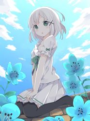 Rule 34 | 1girl, absurdres, black thighhighs, blue flower, blue sky, blush, bow, cloud, collarbone, commentary request, day, eyebrows hidden by hair, flower, green bow, green eyes, hair ornament, hairclip, highres, looking at viewer, no shoes, original, outdoors, parted lips, pleated skirt, puffy short sleeves, puffy sleeves, revision, shirt, short sleeves, sitting, skirt, sky, solo, tantan men (dragon), thighhighs, wariza, white hair, white shirt, white skirt, x hair ornament