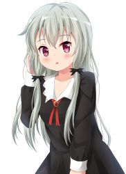 Rule 34 | 10s, 1girl, black dress, blush, collarbone, commentary request, dress, hair between eyes, hair ornament, hand up, highres, koyuki (azumaya999), long hair, long sleeves, looking at viewer, parted lips, red eyes, silver hair, simple background, solo, sophie twilight, tonari no kyuuketsuki-san, very long hair, white background
