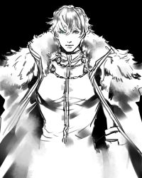 Rule 34 | 1boy, armor, arthur pendragon (fate), black background, cape, closed mouth, fate/prototype, fate/prototype: fragments of blue and silver, fate (series), fur trim, gauntlets, green eyes, hair between eyes, looking at viewer, male focus, simple background, solo, spot color, tenobe, upper body