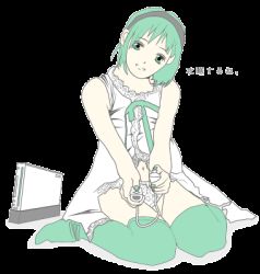 Rule 34 | 1girl, game console, green eyes, green hair, hairband, lowres, matching hair/eyes, solo, thighhighs, thighs, transparent background, wii