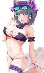 Rule 34 | 1girl, aqua nails, azur lane, bare shoulders, bikini, blue eyes, blush, breasts, cheshire (azur lane), cheshire (summery date!) (azur lane), cleavage, collarbone, earrings, eyewear on head, feet out of frame, grey hair, hand in own hair, highres, itete, jewelry, large breasts, looking at viewer, medium hair, multicolored hair, nail polish, navel, official alternate costume, open mouth, purple bikini, smile, solo, standing, standing on one leg, swimsuit, white background