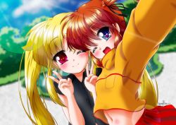 Rule 34 | 2girls, blue eyes, blush, brown hair, couple, fate testarossa, happy, highres, lyrical nanoha, mahou shoujo lyrical nanoha, mahou shoujo lyrical nanoha a&#039;s, midriff, misril, multiple girls, navel, open mouth, red eyes, selfie, short twintails, smile, stomach, takamachi nanoha, twintails, twintails day, yuri