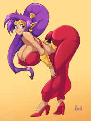 Rule 34 | 1girl, artist name, ass, breasts, cleavage, covered erect nipples, dark-skinned female, dark skin, full body, high heels, highres, huge ass, huge breasts, leaning forward, looking at viewer, pointy ears, ponytail, profitart, purple hair, shantae, shantae (series), thick thighs, thighs
