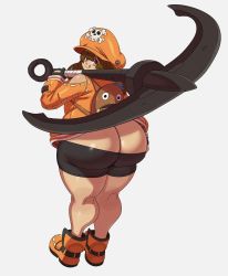 Rule 34 | 1girl, absurdres, ass, backpack, bag, bike shorts, boots, brown eyes, brown hair, butt crack, clothes pull, eric lowery, from behind, guilty gear, hat, highres, huge ass, licking lips, looking at viewer, looking back, may (guilty gear), pickaxe, shorts, shorts pull, simple background, smile, solo, thick thighs, thighs, tongue, tongue out, white background