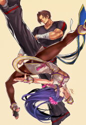 Rule 34 | 1boy, 1girl, absurdres, bandages, bare shoulders, barefoot, black hair, breasts, brown hair, chinese clothes, curtained hair, dress, earrings, fatal fury, flower, gloves, hair flower, hair ornament, high kick, highres, jewelry, kicking, kim kaphwan, kujou non, large breasts, leggings, lipstick, long hair, looking at viewer, luong, makeup, mole, mole under eye, muscular, nail polish, pants, pantyhose, purple eyes, short hair, simple background, smile, snk, the king of fighters, the king of fighters xv, toeless legwear, toenail polish, toenails