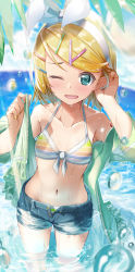 Rule 34 | 1girl, :d, aqua eyes, arm up, bikini, bikini under clothes, blonde hair, blue sky, bow, breasts, cloud, collarbone, commentary, curved horizon, daidou (demitasse), day, denim, denim shorts, foreshortening, green jacket, hair bow, hair ornament, hairclip, highres, jacket, kagamine rin, leaf, light rays, nail polish, navel, ocean, one eye closed, open mouth, outdoors, short hair, shorts, sky, small breasts, smile, solo, standing, striped bikini, striped clothes, sunbeam, sunlight, swimsuit, thighs, unbuttoned, vocaloid, wading, water drop, wet