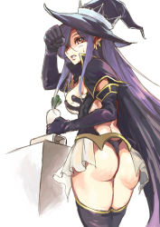 Rule 34 | 1girl, ass, breasts, daikon, earrings, elbow gloves, fatima, gloves, hair over one eye, hat, jewelry, long hair, looking at viewer, looking back, luminous arc, luminous arc 2, mizuryu kei, panties, pantyshot, parted lips, pointy ears, purple hair, radish, sideboob, skirt, solo, standing, sweatdrop, thighhighs, thong, underwear, upskirt, very long hair, witch, witch hat