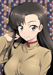 Rule 34 | 1girl, asymmetrical bangs, black hair, blue background, breasts, brown eyes, chi-hatan school uniform, floral background, girls und panzer, hand in own hair, highres, large breasts, long hair, long sleeves, looking at viewer, nakahira guy, nishi kinuyo, school uniform, smile, solo, upper body