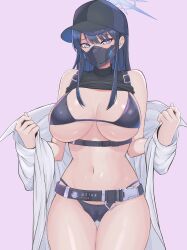 Rule 34 | 1girl, absurdres, bare shoulders, baseball cap, belt, bikini, black belt, black bikini, black hair, black hat, black mask, black shirt, blue archive, blue eyes, breasts, buckle, capybara nushino mikoto, coat, commentary request, cowboy shot, crop top, gluteal fold, groin, hair between eyes, halo, harness, hat, highres, large breasts, long hair, looking at viewer, mask, mouth mask, navel, off shoulder, saori (blue archive), shirt, simple background, sleeveless, sleeveless shirt, snap-fit buckle, solo, standing, stomach, swimsuit, underbust, white coat