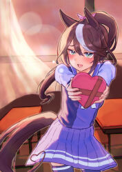 Rule 34 | 1girl, animal ears, blue eyes, blush, bow, box, brown hair, chair, commentary request, cowboy shot, curtains, desk, hair between eyes, harakomeshi, heart, heart-shaped box, highres, holding, holding box, horse ears, horse girl, horse tail, indoors, lens flare, long hair, looking at viewer, multicolored hair, open mouth, pink bow, pleated skirt, purple serafuku, purple shirt, purple skirt, purple thighhighs, school desk, school uniform, serafuku, shirt, skirt, smile, solo, streaked hair, tail, thighhighs, tokai teio (umamusume), tracen school uniform, umamusume, white hair, winter uniform