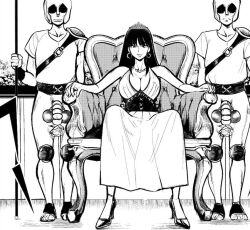 Rule 34 | 1girl, 2boys, bdsm, breasts, cleavage, dress, earrings, femdom, flower, high heels, jewelry, large breasts, long hair, makunouchi, manga page, multiple boys, necklace, penis, queen, sitting, skirt, standing, testicles, throne