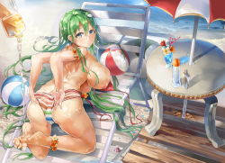 Rule 34 | 1girl, ass, back, ball, barefoot, beach, bikini, breasts, chair, drink, feet, female focus, frog hair ornament, green hair, hair ornament, himuro shunsuke, kochiya sanae, large breasts, long hair, looking at viewer, looking back, lounge chair, lying, multicolored stripes, nipples, ocean, on stomach, parasol, parted lips, snake hair ornament, soles, solo, striped bikini, striped clothes, suggestive fluid, swimsuit, table, toes, topfreedom, topless, touhou, umbrella, very long hair, wet