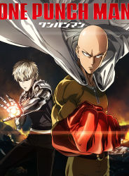 Rule 34 | 2boys, bald, belt, black sclera, blonde hair, cape, clenched hand, colored sclera, copyright name, cyborg, english text, genos, gloves, highres, looking at viewer, male focus, multiple boys, official art, one-punch man, red gloves, saitama (one-punch man), serious, short hair, standing, superhero costume, yellow eyes, zipper