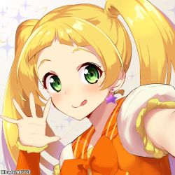 Rule 34 | 1girl, :q, batsu, blonde hair, blush, bow, bowtie, commentary request, copyright request, dress, earrings, green eyes, hand up, highres, jewelry, long hair, looking at viewer, orange bow, orange bowtie, orange dress, smile, solo, star (symbol), star earrings, tongue, tongue out, twintails, twitter username, upper body, waving