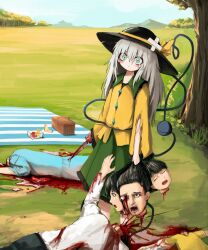 Rule 34 | 1boy, 3girls, alt text, aqua eyes, black hair, black hat, blood, blood on ground, blood on hands, blood splatter, bloody knife, bloody weapon, child, closed eyes, corpse, crossed bandaids, day, death, family, food, grass, green skirt, grey hair, guro, hat, hat ribbon, highres, holding, holding head, holding knife, holding weapon, knife, komeiji koishi, long hair, long sleeves, looking at viewer, mountainous horizon, multiple girls, murder, outdoors, picnic, picnic basket, picnic blanket, pool of blood, reverinth, ribbon, severed head, shirt, single tear, skirt, standing, torn clothes, torn shirt, touhou, tree, weapon, yellow ribbon, yellow shirt
