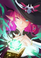 Rule 34 | 1girl, absurdres, blue eyes, book, breasts, cleavage, commentary, dress, earrings, hat, heterochromia, highres, hololive, hololive english, horns, irys (hololive), jewelry, large breasts, long hair, looking at viewer, magic, multicolored hair, pointy ears, purple eyes, purple hair, smile, solo, takodragonn, very long hair, virtual youtuber, witch hat
