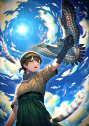 Rule 34 | 1girl, bird, blurry, bokeh, brown eyes, brown hair, depth of field, falcon, falconry, feathers, fisheye, folded ponytail, from below, gloves, hakama, hakama skirt, japanese clothes, kantai collection, kasuga maru (kancolle), lens flare, looking to the side, open mouth, outstretched arm, short hair, skirt, solo, sun, sunlight, taiyou (kancolle), unowen