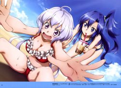 Rule 34 | 2girls, absurdres, ahoge, artist name, assisted stretching, beach, bent over, bikini, blue bikini, blue eyes, blue hair, blue sky, blush, breasts, bubble tea, cleavage, closed mouth, cloud, collarbone, copyright name, cup, day, drinking, drinking straw, dutch angle, fingernails, foreshortening, frilled bikini, frills, groin tendon, hair between eyes, hair ornament, hand on another&#039;s back, highres, holding, holding cup, horizon, imanishi tooru, kazanari tsubasa, large breasts, legs apart, lid, light purple hair, light smile, long fingernails, long hair, looking at viewer, low twintails, megami magazine, multiple girls, navel, ocean, official art, on ground, one side up, open mouth, outdoors, outstretched arm, outstretched arms, page number, palms, parted bangs, purple eyes, reaching, reaching towards viewer, red bikini, sand, scan, scrunchie, senki zesshou symphogear, shadow, shiny skin, sidelocks, sitting, sky, small breasts, smile, spread legs, stretching, sweat, swimsuit, twintails, v-shaped eyebrows, very long hair, water, wide-eyed, yukine chris