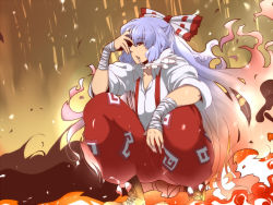 Rule 34 | 1girl, bandages, boots, cigarette, female focus, fiery hair, fire, fujiwara no mokou, gradient hair, hair ribbon, long hair, multicolored hair, overalls, red eyes, ribbon, silver hair, sleeves rolled up, smoking, solo, squatting, suspenders, tobisawa, touhou, very long hair