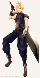 Rule 34 | 1boy, blonde hair, blue eyes, boots, buster sword, cloud strife, final fantasy, final fantasy vii, full body, highres, huge weapon, looking at viewer, male focus, simple background, solo, spiked hair, standing, sword, weapon, white background