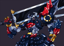 Rule 34 | clenched hand, dygenguar, hamuten (hmltzero), holding, holding sword, holding weapon, huge weapon, looking down, mecha, no humans, over shoulder, robot, science fiction, simple background, solo, super robot, super robot wars, super robot wars original generation, sword, v-fin, weapon, weapon over shoulder, yellow eyes