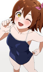 Rule 34 | 1girl, absurdres, adjusting clothes, adjusting swimsuit, blue one-piece swimsuit, blush, breasts, brown hair, collarbone, commentary, dr. gero (staedtler 0508), from above, hair between eyes, hair ornament, hair ribbon, hairclip, hand up, highres, idolmaster, idolmaster million live!, kasuga mirai, legs, looking at viewer, medium breasts, medium hair, one-piece swimsuit, one eye closed, open mouth, pink ribbon, pulled by self, ribbon, school swimsuit, side ponytail, sidelocks, smile, solo, strap pull, swimsuit, thighs, white background, yellow eyes