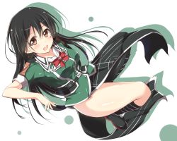 Rule 34 | 10s, 1girl, black footwear, black hair, boots, brown eyes, chikuma (kancolle), jiino, kantai collection, knee boots, long hair, looking at viewer, open mouth, pelvic curtain, ribbon, solo