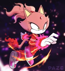 Rule 34 | 1girl, absurdres, blaze the cat, burning blaze, cat girl, cat tail, fire, forehead jewel, furry, furry female, gloves, highres, pink fur, ponytail, red track suit, shoes, sneakers, sonic (series), sportswear, tail, track suit, white gloves, xdaze, yellow eyes