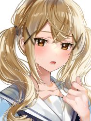 Rule 34 | 1girl, bad id, bad pixiv id, bang dream!, blonde hair, blue shirt, blush, collarbone, commentary request, crossed bangs, hair between eyes, hair ornament, hanasakigawa school uniform, hand up, hot, ichigaya arisa, long hair, looking at viewer, lower teeth only, parted lips, portrait, roko (pe0e07), sailor collar, school uniform, serafuku, shirt, sidelocks, simple background, solo, sweat, teeth, twintails, white background, white sailor collar, x hair ornament, yellow eyes