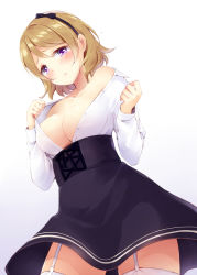 Rule 34 | 10s, 1girl, :o, bare shoulders, black bow, black skirt, blonde hair, blush, bow, breasts, buttons, cleavage, collar, collarbone, collared shirt, cowboy shot, cross-laced clothes, from below, garter straps, hair bow, hairband, high-waist skirt, koizumi hanayo, large breasts, legs apart, looking at viewer, looking down, love live!, love live! school idol festival, love live! school idol project, meme attire, natsu (natume0504), off shoulder, parted lips, purple eyes, shiny skin, shirt, short hair, simple background, skirt, solo, standing, thighhighs, undressing, virgin killer outfit, white background, white shirt, white thighhighs, zettai ryouiki