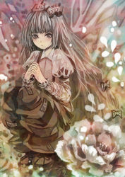 Rule 34 | 1girl, armband, bow, female focus, flower, fujiwara no mokou, grey eyes, grey hair, hair bow, hair ribbon, own hands clasped, juliet sleeves, kanro (dear27), light particles, long hair, long sleeves, looking at viewer, ofuda, own hands together, pants, puffy sleeves, ribbon, solo, squatting, suspenders, touhou, very long hair
