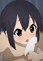Rule 34 | 1boy, 1girl, black hair, blank censor, blush, brown eyes, censored, commentary request, commission, completely nude, hair between eyes, hetero, highres, k-on!, kicchi (tmgk), long hair, nakano azusa, nude, open mouth, penis, penis awe, skeb commission, solo focus, teeth, twintails, upper teeth only