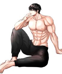 Rule 34 | 1boy, abs, artist request, barefoot, black hair, black pants, full body, fushiguro touji, hand on floor, highres, jujutsu kaisen, male focus, mature male, muscular, muscular male, nipples, pants, pectorals, profile, scar, scar on face, scar on mouth, short hair, shredded muscles, sitting, solo, topless male, v-taper