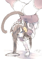 Rule 34 | 1girl, animal ear fluff, animal ears, ass, bell, black dress, black hair, black hairband, black thighhighs, blue eyes, blush, cat ears, cat girl, cat tail, chita (ketchup), commentary request, dress, feet out of frame, frilled hairband, frills, hair bell, hair ornament, hairband, handstand, highres, jingle bell, long hair, maid, mole, mole on thigh, original, panties, puffy short sleeves, puffy sleeves, short sleeves, signature, solo, tail, thighhighs, tongue, tongue out, twintails, underwear, very long hair, white background, white panties, wrist cuffs
